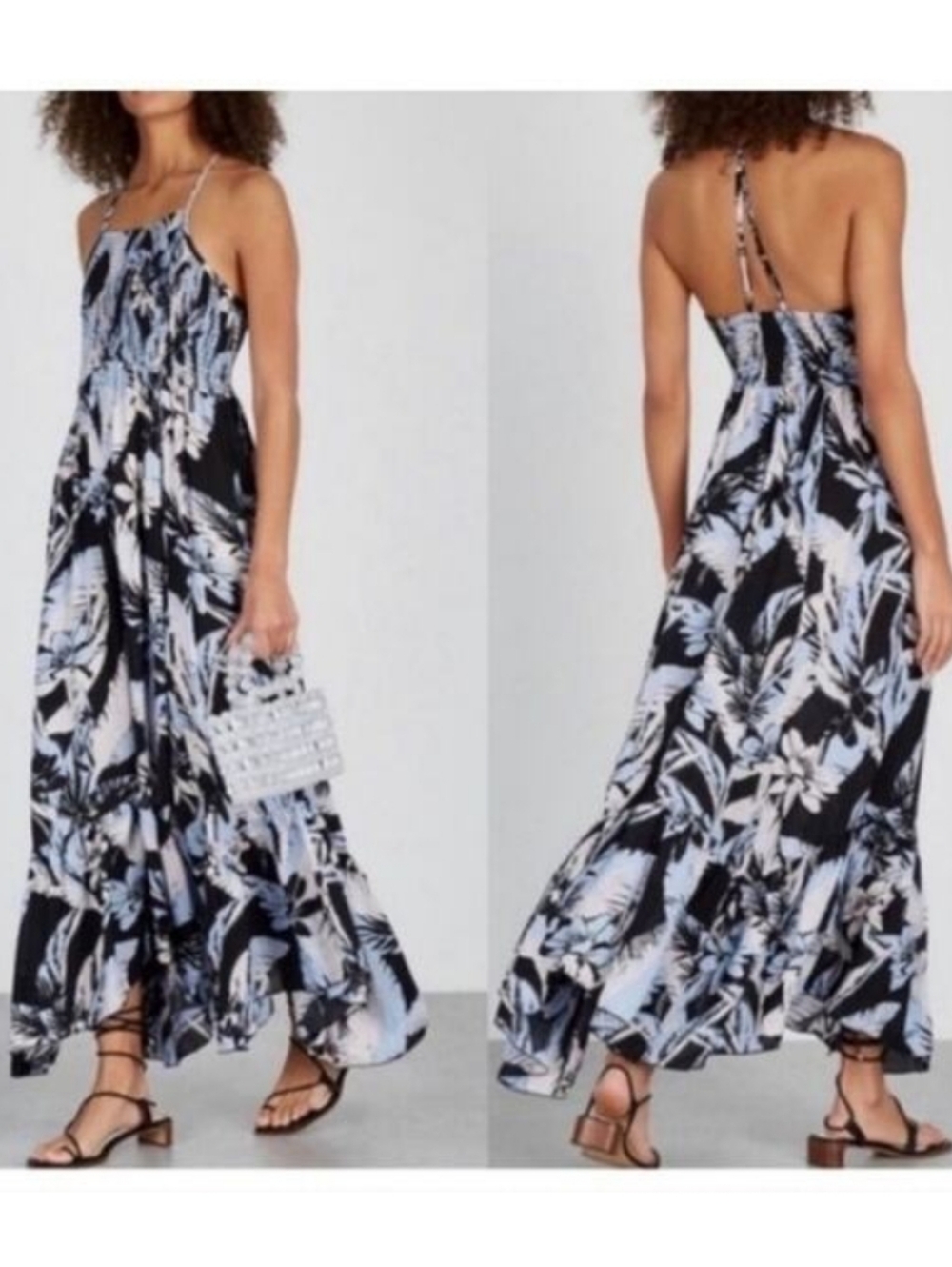 Free People Heatwave Black and Light Blue Botanical Maxi Slip Dress